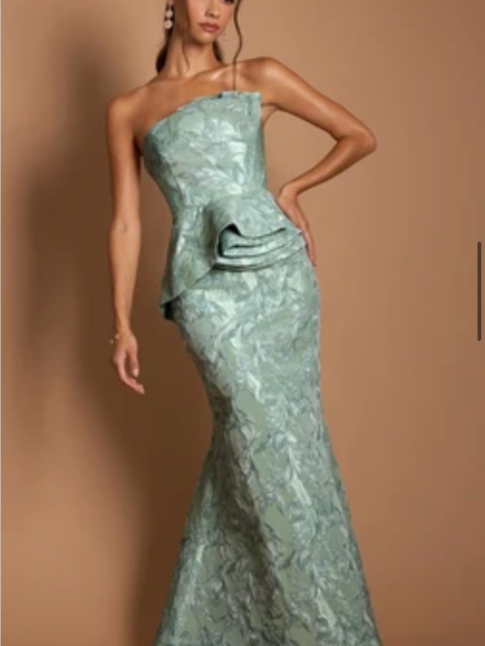 Azazie One-Shoulder Sage Green Jacquard Peplum Gown